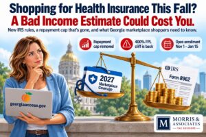 Illustration of a balance scale weighing 2027 marketplace coverage against IRS Form 8962, with a woman holding a laptop showing georgiaaccess.gov